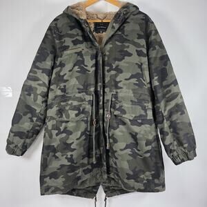 Lucky Brand Womens XL Green Camo Faux Fur Lined Hooded Zip Up Long Line Coat